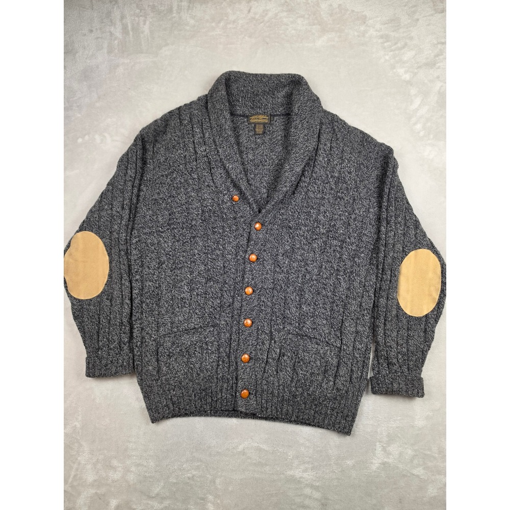 Vtg Eddie Bauer Cardigan Sweater Mens XL Gray Wool Blend Elbow Patches Shawl USA